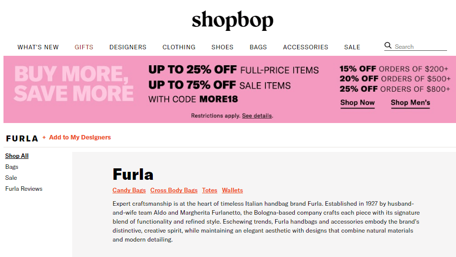 Shopbop官網2018感恩節超強優惠碼，Furla人氣包包7折/低至香港58折